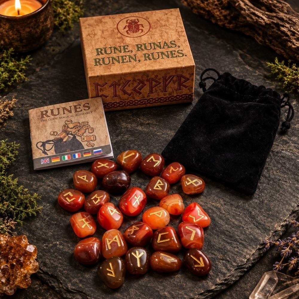Carnelian Rune Stones Set Elder futhark Reiki Healing gemstone 25 Pcs W/Pouch
